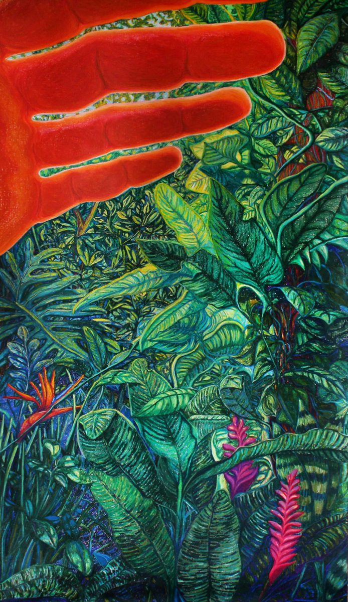 Obra de arte de Marcela Siqueira Gontijo - A luz do sol passa pelas folhas das árvores, 2024. Série ''Nós testemunhamos toda essa grandeza''. - Óleo e giz pastel oleoso sobre tela